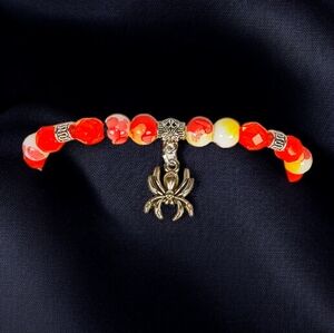 Orange White Yellow Stretch Bracelet with Spider Charm Halloweencore Street Y2k